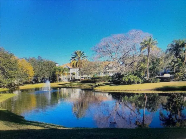 a view of a lake with boats and trees in the background