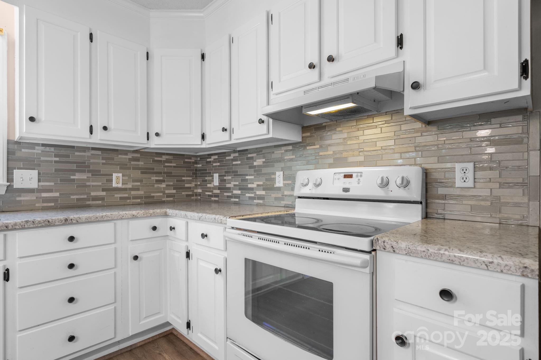 712 Painted Feather Lane Conover, NC 28613 - Photo 11 of 48 a kitchen with granite countertop white cabinets and a stove