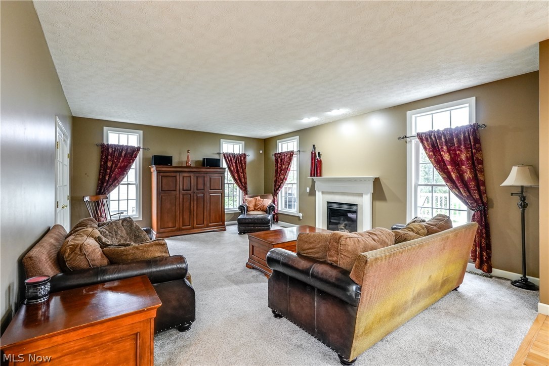 4561 Ridgestone Way Medina, OH 44256 - Photo 20 of 50 Great room with a healthy amount of sunlight, carpet flooring, a textured ceiling, and a cozy gas fireplace.
