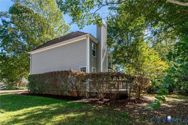 a view of a backyard with plants and large tree
