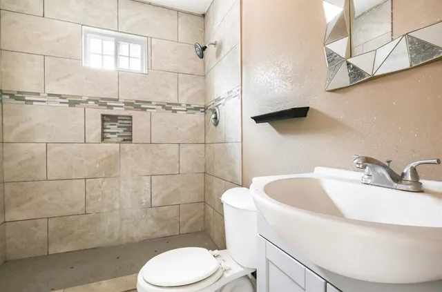 a bathroom with a sink a toilet and shower