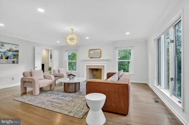 a living room with furniture a fireplace and a potted plant