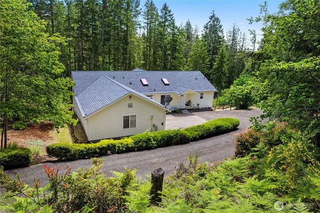 an aerial view of a house with a yard and large trees