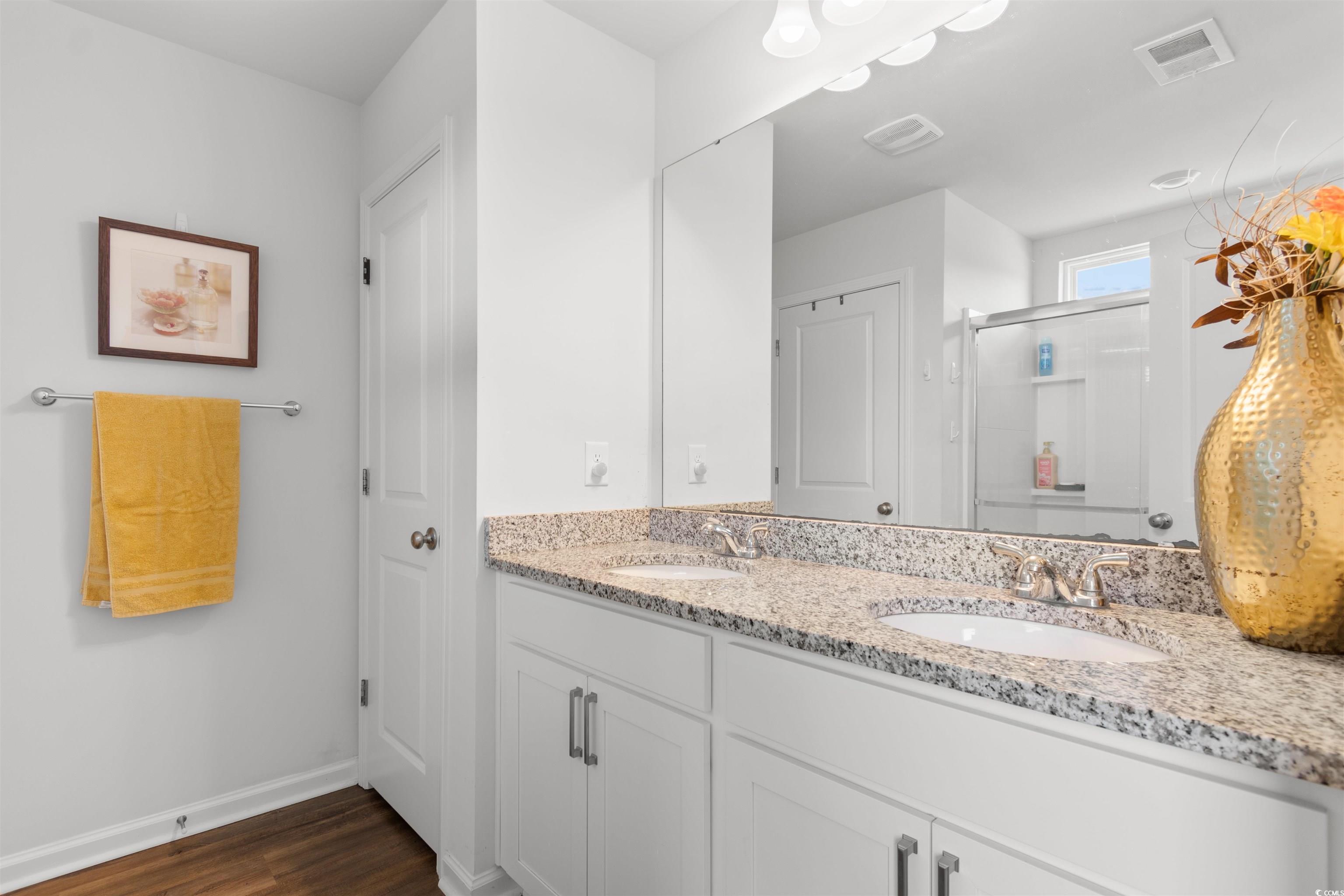 430 Stevia Court Conway, SC 29526 - Photo 20 of 40 Bathroom featuring a stall shower, double vanity, and dark wood-style flooring
