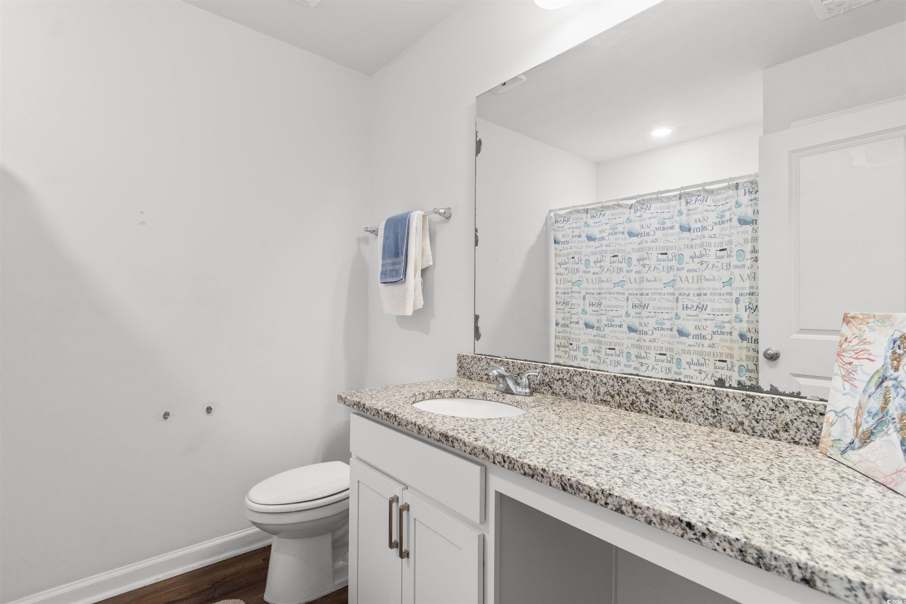 430 Stevia Court Conway, SC 29526 - Photo 28 of 40 Full bath with a shower with shower curtain, vanity, and dark wood-type flooring