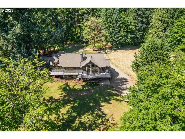 a view of a small pond with green space