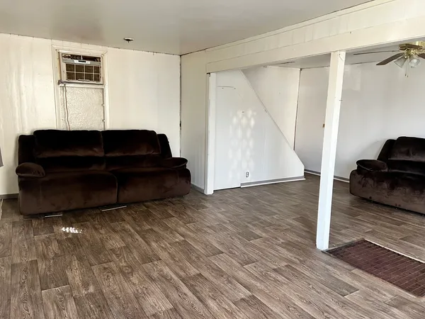 a living room with a couch and a potted plant on a wooden floor