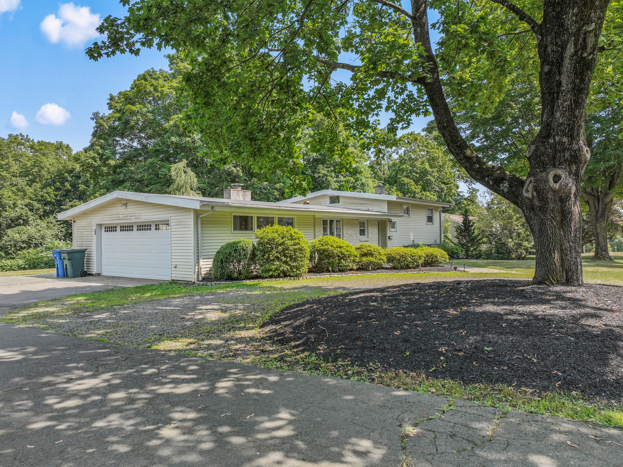 a view of a house with a yard and large trees