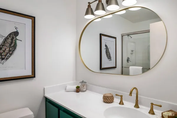 a bathroom with a sink mirror and vanity