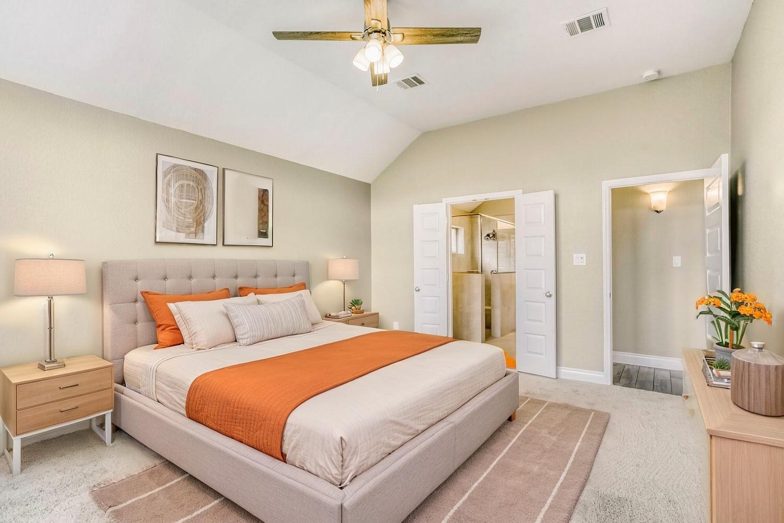9219 Eckert Road Iowa Colony, TX 77583 - Photo 20 of 26 The primary suite is in the back corner of the home, and has a ceiling fan and plenty of windows. (photo is virtually staged to show the potential of the space)