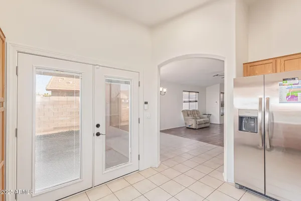 a view of a hallway with bathroom