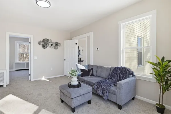 a living room with furniture potted plant and window