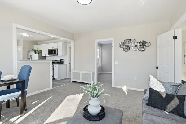 a living room with furniture and a potted plant