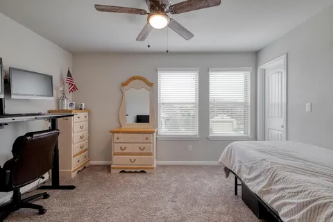 a living room with furniture a ceiling fan and a rug