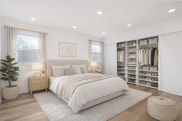 a bedroom with a large bed and a potted plant