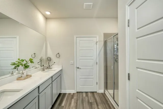 a bathroom with a sink and a mirror
