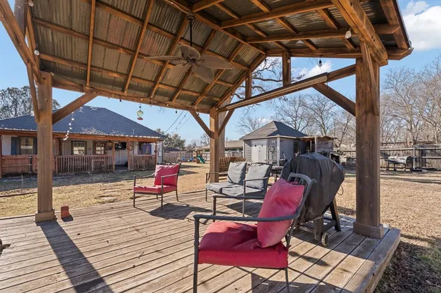 a building outdoor space with patio furniture