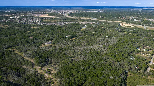 a view of a city with lush green forest