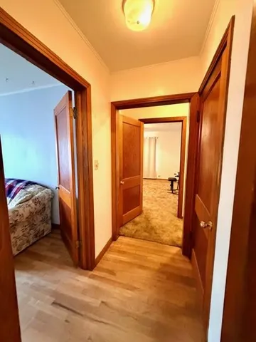a view of hallway with wooden floor and cabinet