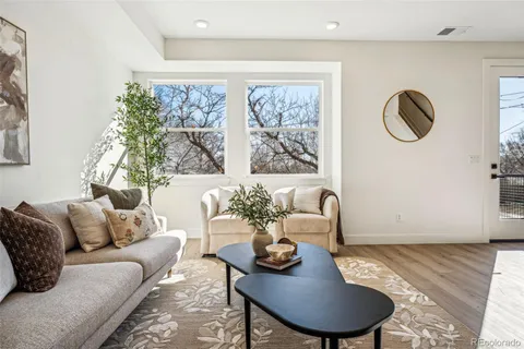 a living room with furniture potted plant and a large window