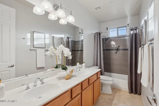 a bathroom with a double vanity sink mirror and toilet