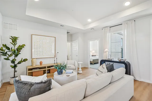a living room with furniture or couch and a potted plant