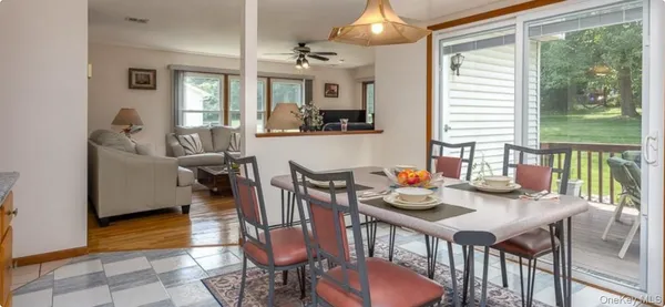 a view of a dining room with furniture window and outside view