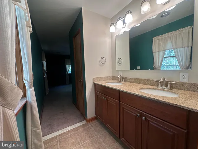 a bathroom with a double vanity sink and a mirror