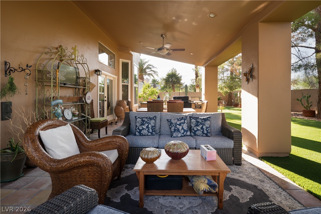 2108 Inverness Drive Henderson, NV 89074 - Photo 35 of 46 View of patio with a ceiling fan, outdoor lounge area, and area for grilling