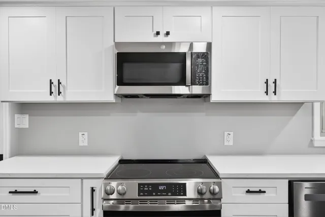 a kitchen with a stove and a microwave