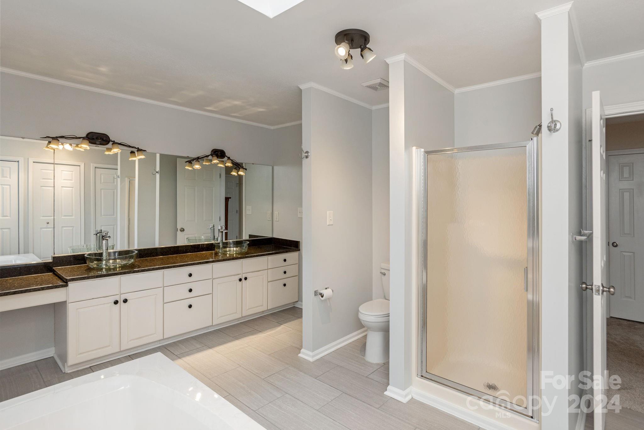 21 Spring Cove Court Arden, NC 28704 - Photo 19 of 32 a bathroom with a granite countertop sink a toilet a mirror and shower