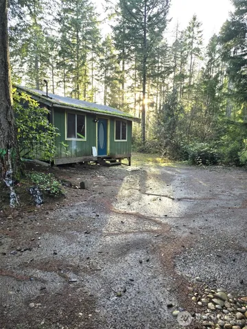 a view of a house with large trees and a forest