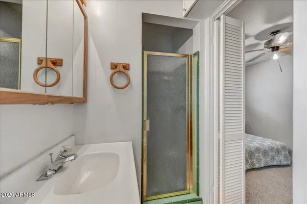 a bathroom with a sink and a mirror