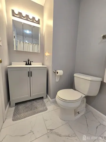 a bathroom with a sink toilet and mirror