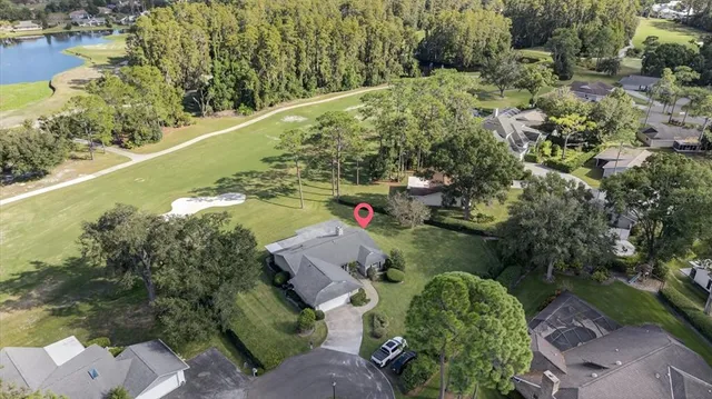 an aerial view of residential houses with outdoor space and trees