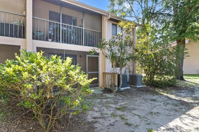 a view of a house with a small yard and large tree