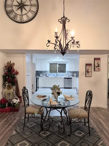 a view of a dining room with furniture
