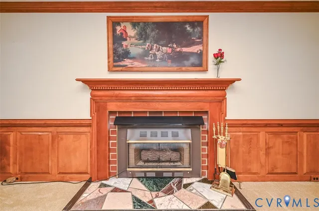 a living room with a fireplace