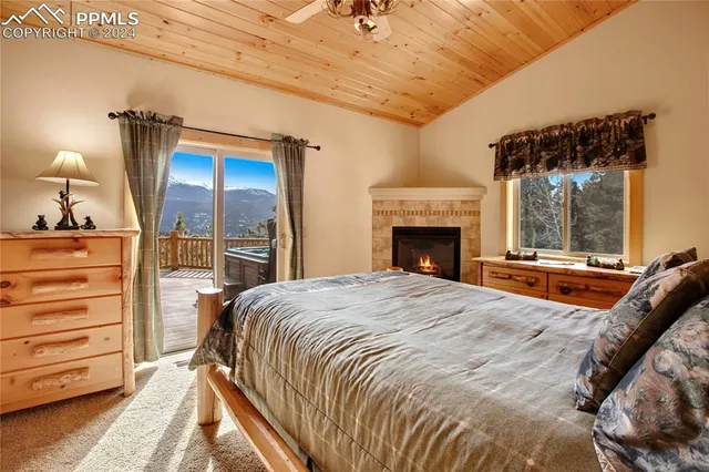 a bedroom with a bed and a fireplace