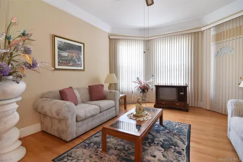 a living room with furniture a rug and a window