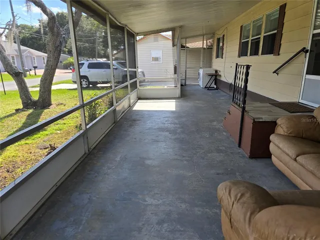 a view of a backyard with plants and large trees