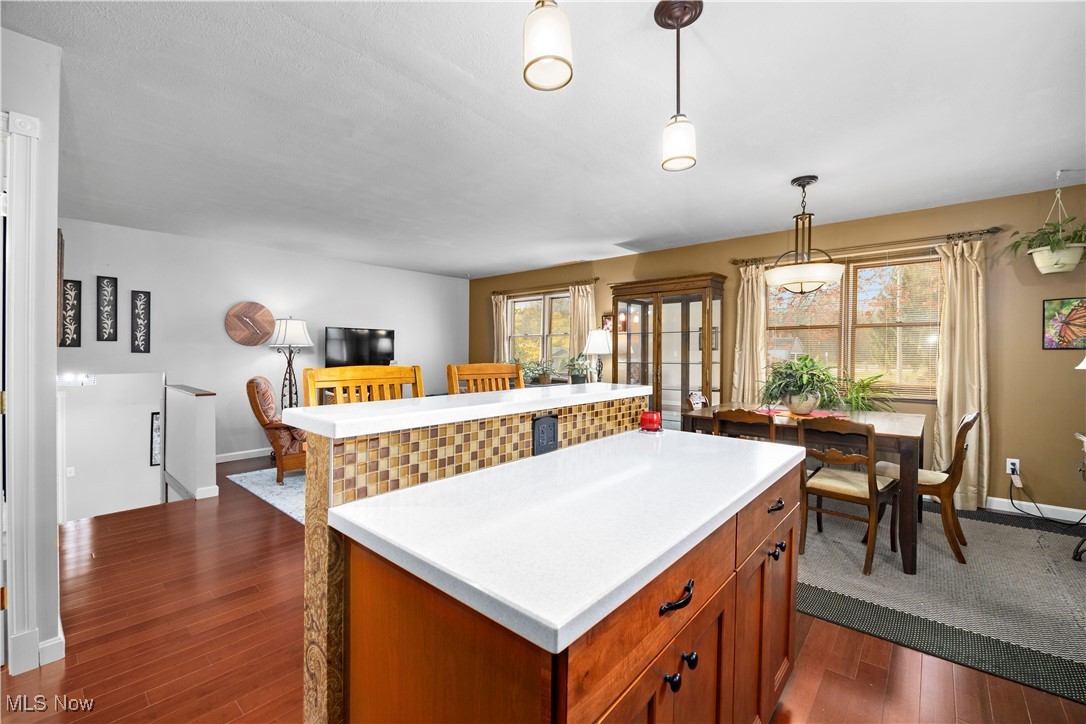 9265 Root Road North Ridgeville, OH 44039 - Photo 18 of 40 Kitchen with a kitchen island, hanging light fixtures, dark hardwood / wood-style floors, and plenty of natural light