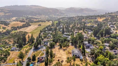 an aerial view of residential houses with outdoor space and trees
