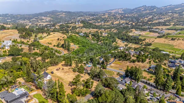 an aerial view of residential houses with outdoor space and trees