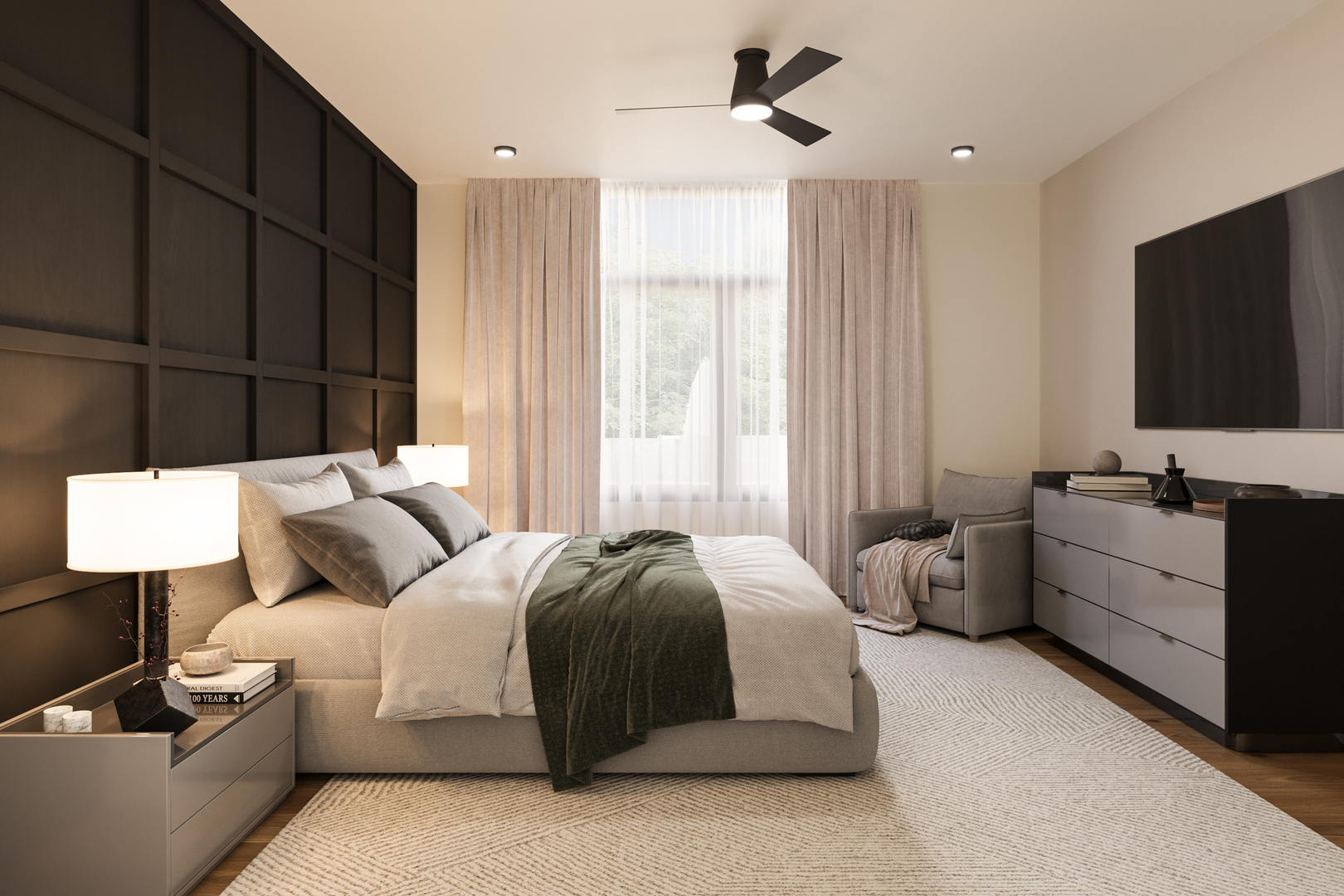 2234 West Grand Avenue, Unit 203 Chicago, IL 60612 - Photo 18 of 20 a bed room with a bed window and a flat screen television