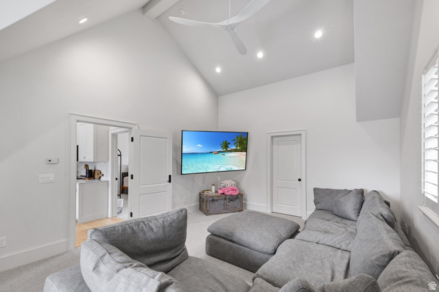 180 Farm Road Midway, UT 84049 - Photo 74 of 99 Vaulted ceiling with a ceiling fan, recessed lighting, white double doors, and a window with plantation shutters