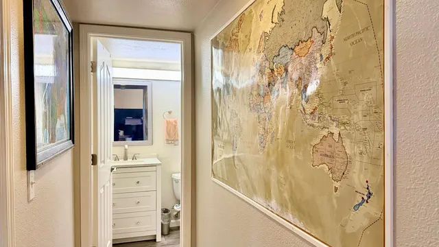 a bathroom with a shower curtain and a sink