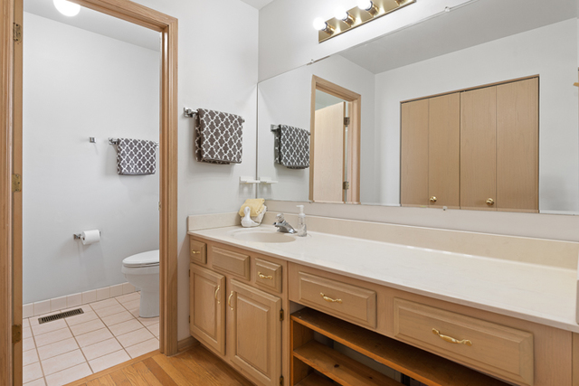 2174 Cimarron Way Addison, IL 60101 - Photo 14 of 19 a bathroom with a sink a toilet and large mirror