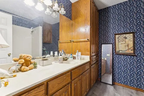 a bathroom with a sink mirror and vanity