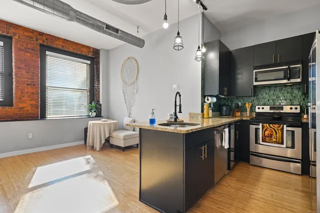 a kitchen with counter top space